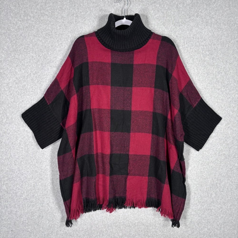 Sonoma Poncho Sweater OS Red Black Buffalo Plaid Turtleneck Fringe Hem Country